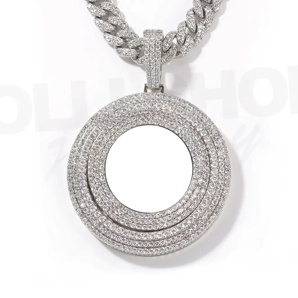 Custom Large Iced Round Photo Pendant – Full CZ Memorial