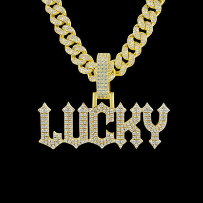 Gold moissanite gothic name pendant on chain close-up