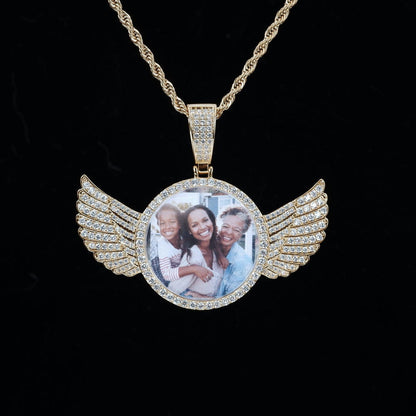Custom picture wings round pendant necklace with photo insert, iced out hip hop jewelry
