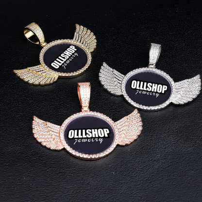 Gold, rose gold and silver custom wings round photo pendant collection, personalized hip hop necklaces