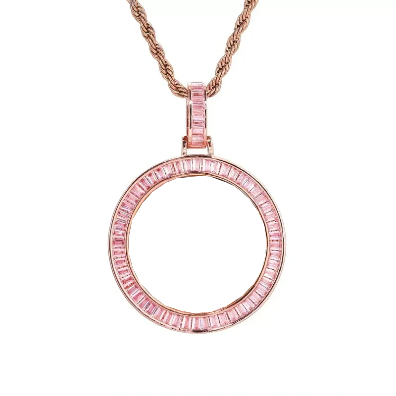 Custom Photo Pink Diamond Round Pendant in Rose Gold - 38mm