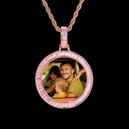 Custom Photo Pink Diamond Round Pendant in White Gold - 38mm