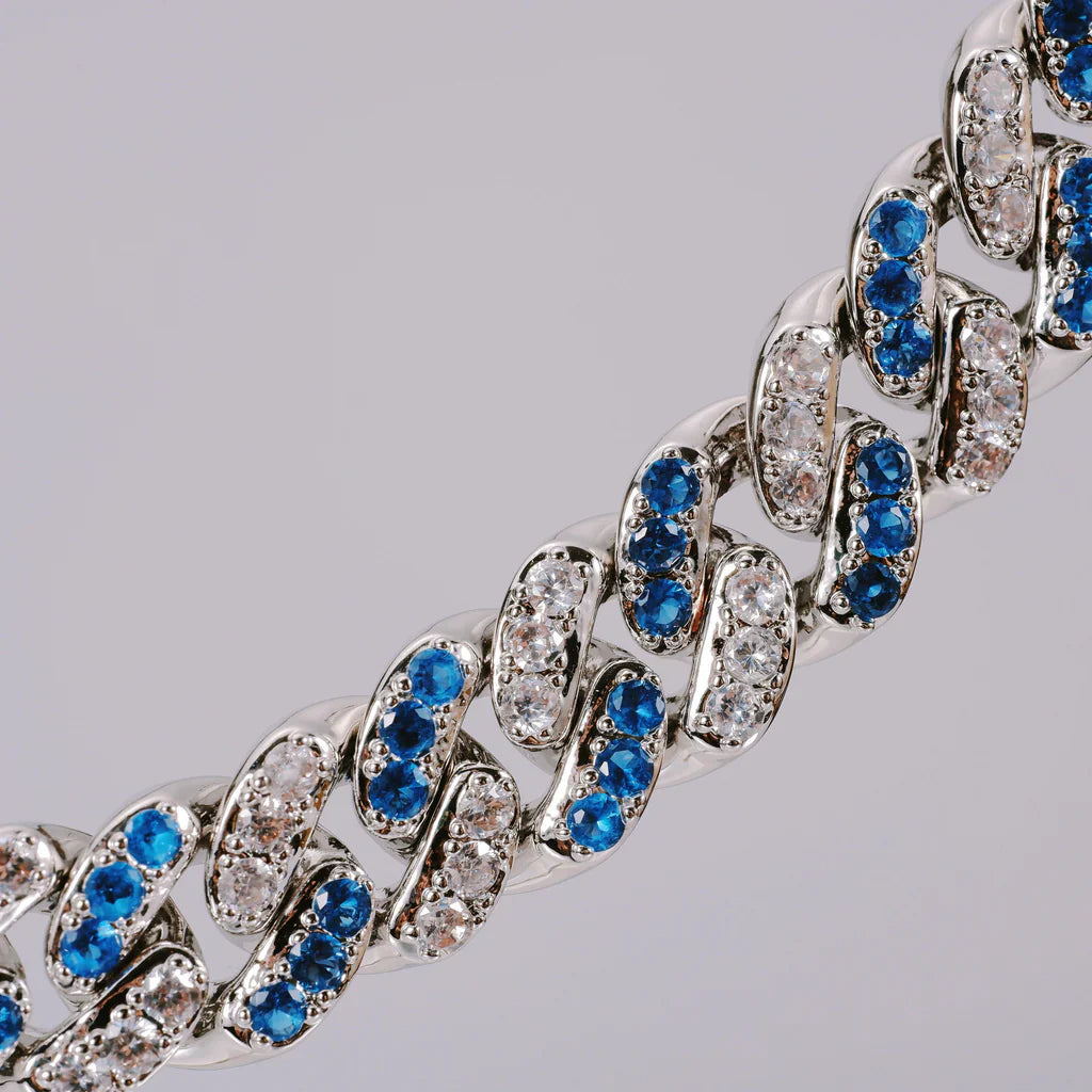 18k White Gold Blue Iced Cuban Chain - 13mm