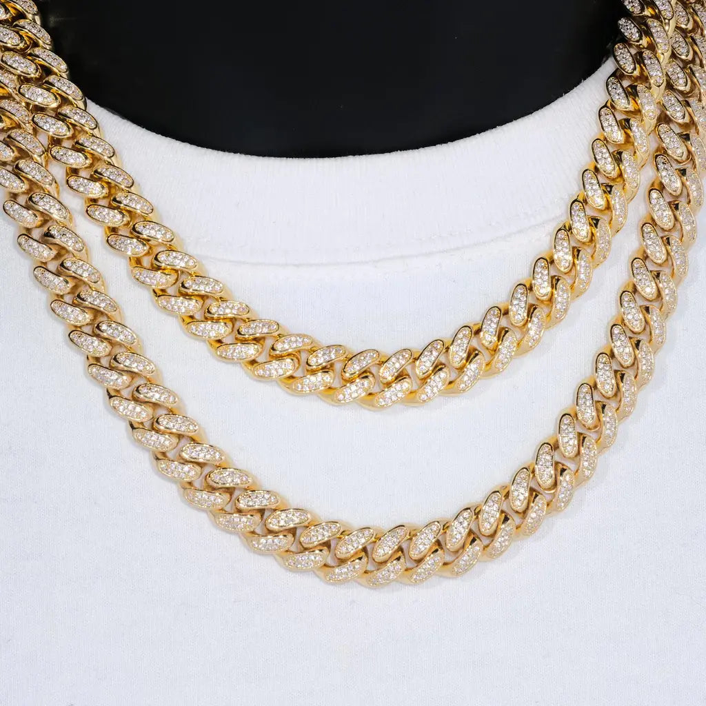 Diamond Iced Cuban Chain in Yellow Gold - 12mm