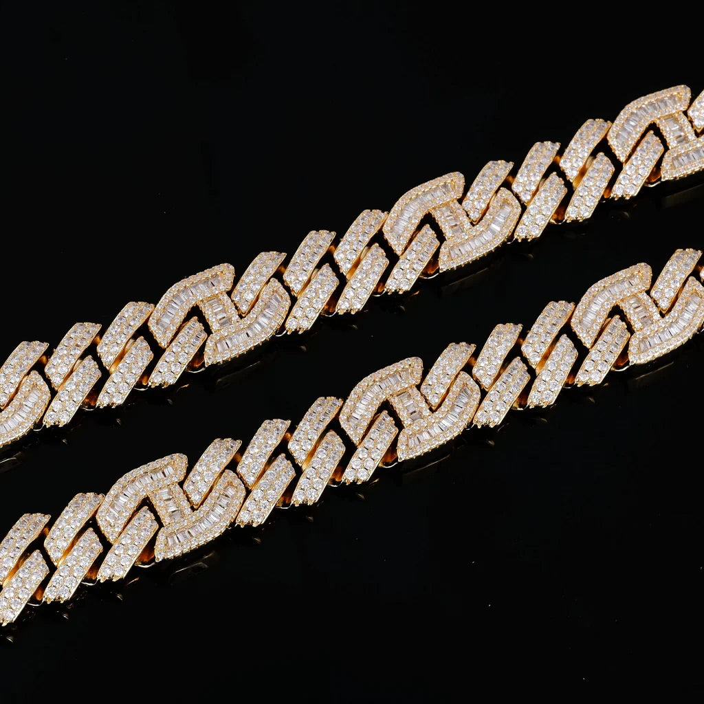 Prong Baguette Curb Chain 18K Gold -15mm