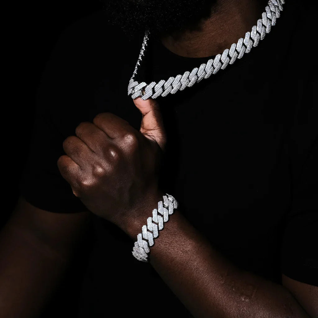 3Row Prong Cuban Link Chain & Bracelet Bundle in WhiteGold - 19mm
