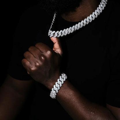 3Row Prong Cuban Link Chain & Bracelet Bundle in WhiteGold - 19mm