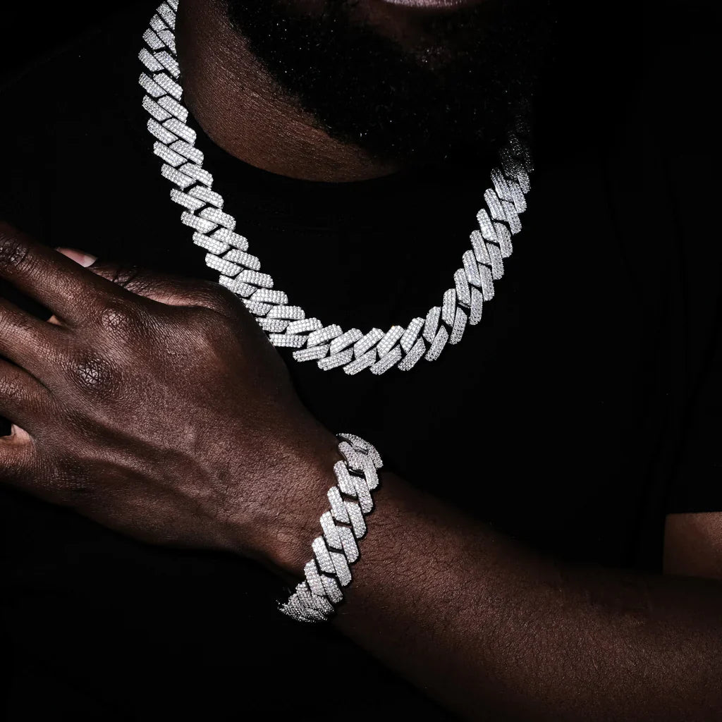 3Row Prong Cuban Link Chain & Bracelet Bundle in WhiteGold - 19mm