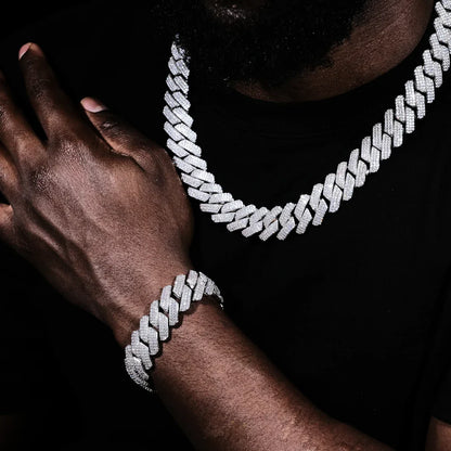 3Row Prong Cuban Link Chain & Bracelet Bundle in WhiteGold - 19mm
