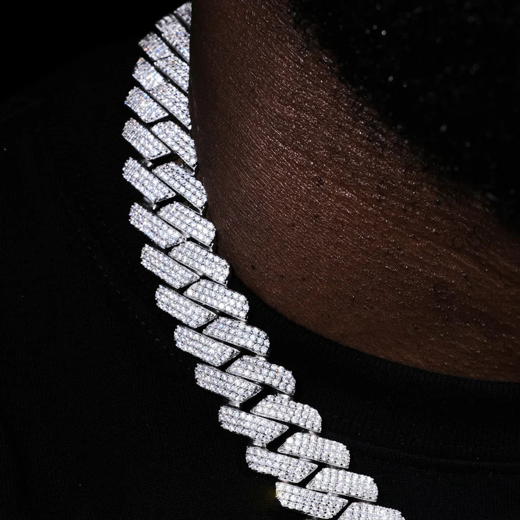 19MM 3ROW PRONG CUBAN LINK NECKLACE + BRACELET BUNDLE IN WHITEGOLD