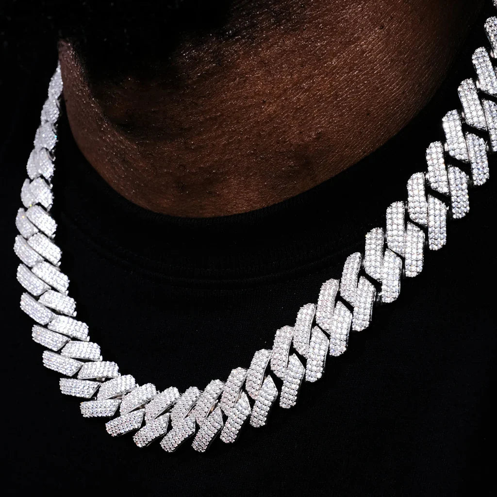 3Row Prong Cuban Link Chain & Bracelet Bundle in WhiteGold - 19mm