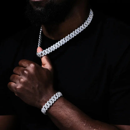 Prong Cuban Link Chain & Bracelet Bundle in White Gold - 14mm