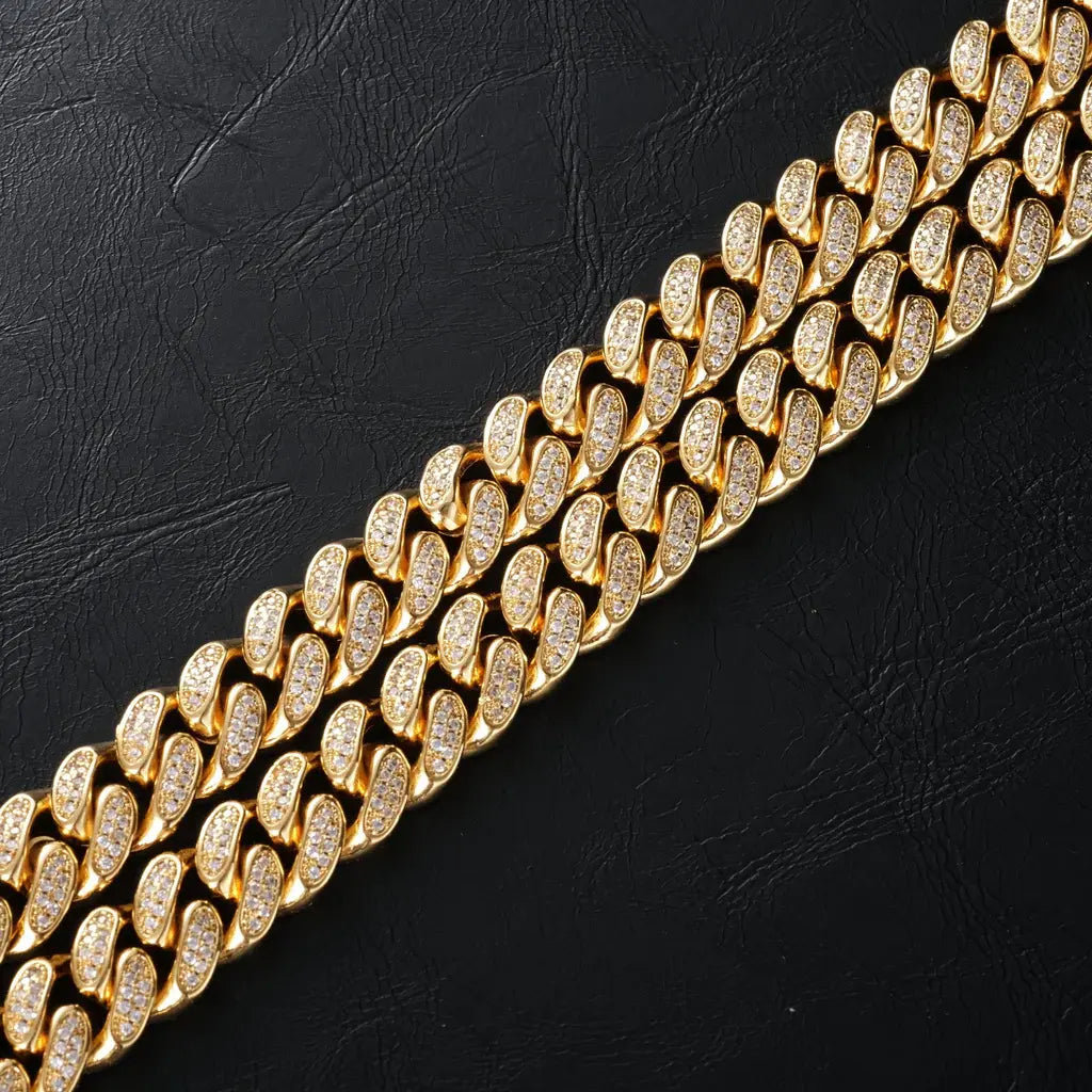 Diamond Iced Cuban Chain in Yellow Gold - 12mm