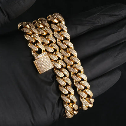 Diamond Iced Cuban Chain in Yellow Gold - 12mm