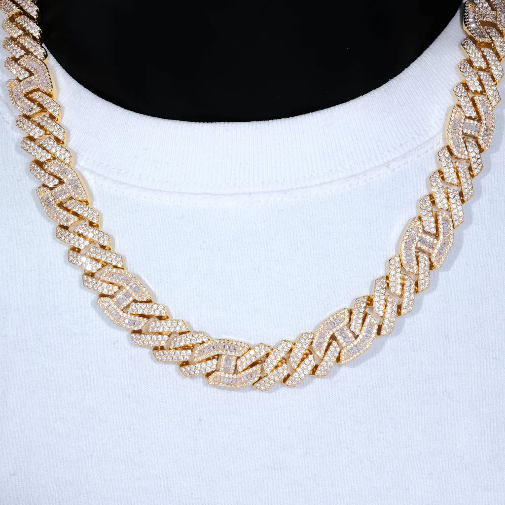 Prong Baguette Curb Chain 18K Gold -15mm