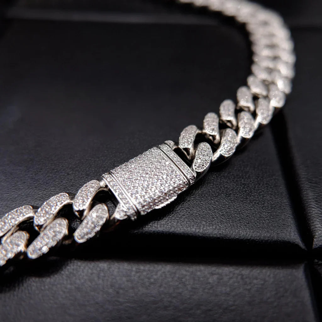 Buckle Iced Cuban Link Chain in White Gold - 14mm