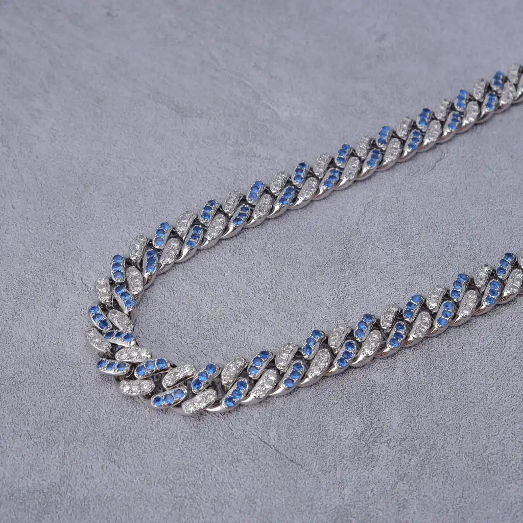 18k White Gold Blue Iced Cuban Chain - 13mm