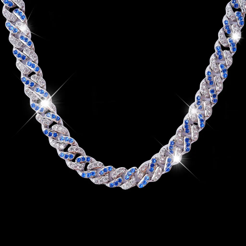 18k White Gold Blue Iced Cuban Chain - 13mm