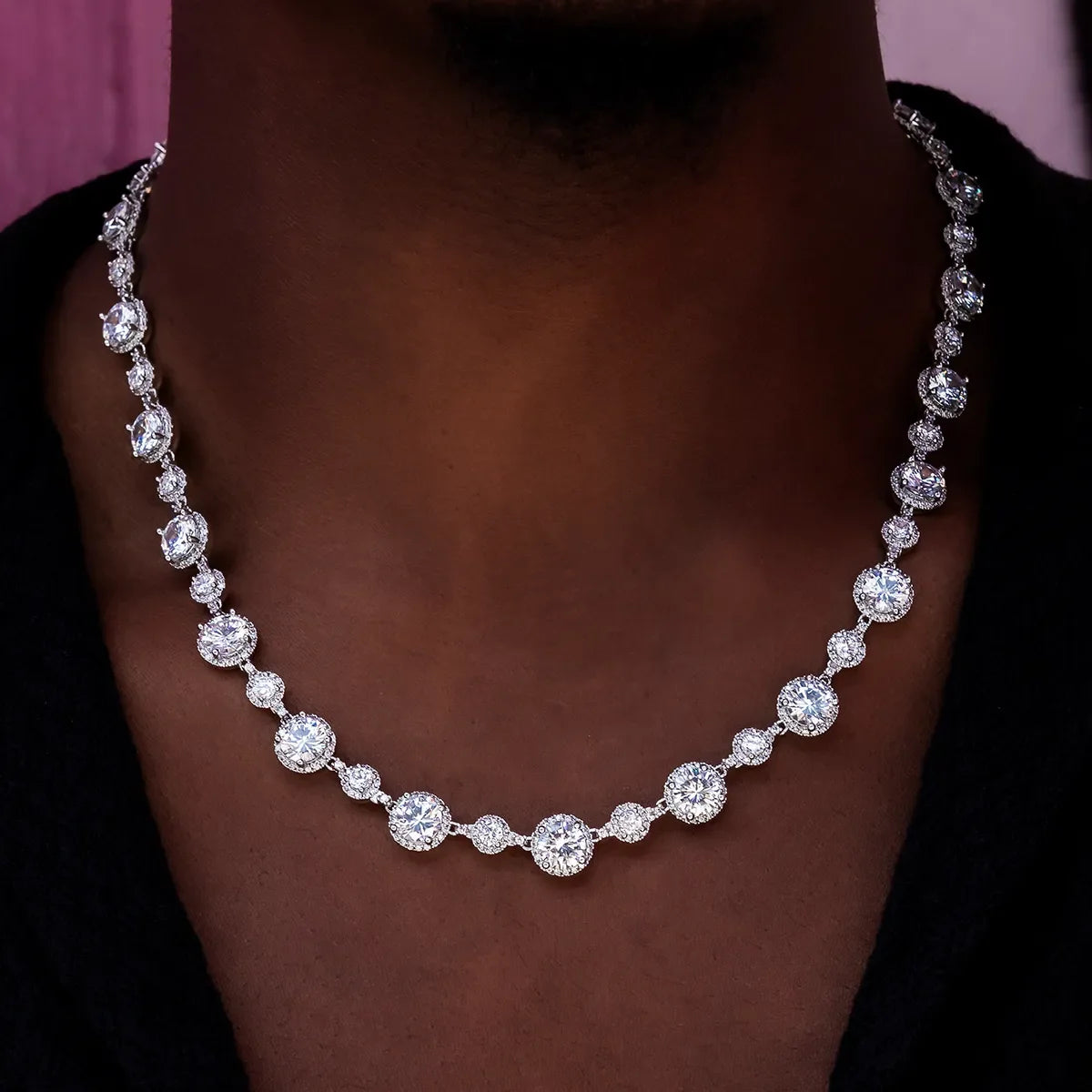 Diamond Halo Tennis Chain - 11mm, Color: White Gold, Width: 11mm, Material: 14k White Gold Plated, Size: 16" 18" 20" 22", Type: Necklace - TONGSHOP