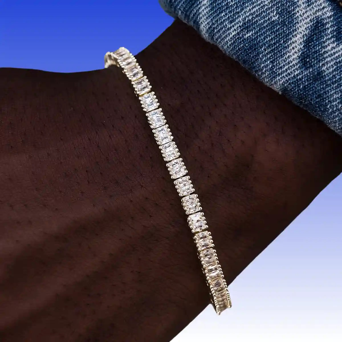Slim yellow gold diamond baguette tennis bracelet hip hop jewelry