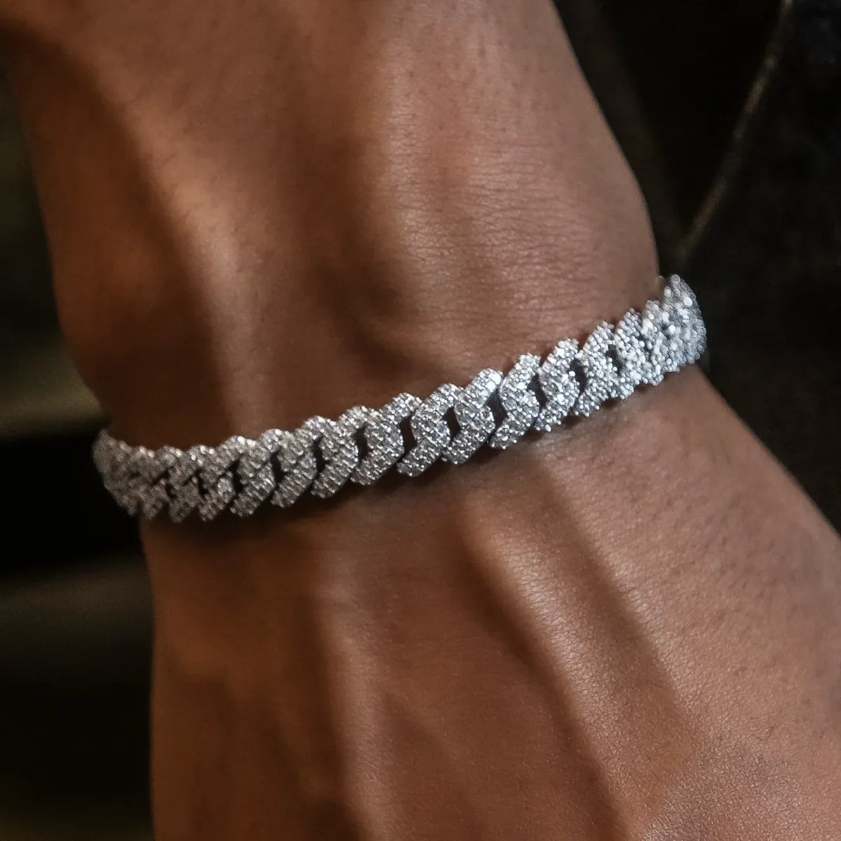 Luxury white gold 8.5mm Cuban link bracelet with diamond prong setting