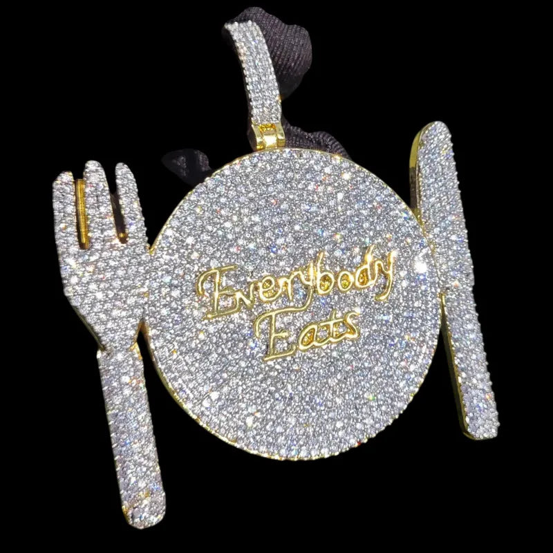 Silver custom dinner plate pendant necklace with iced CZ stones and gold text, hip hop jewelry style