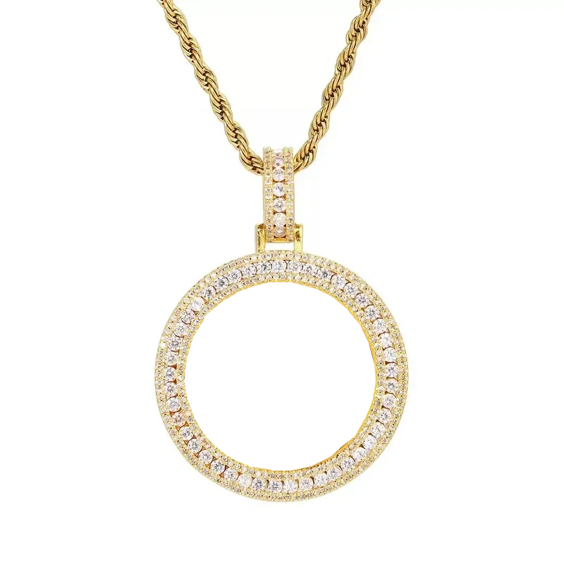 18k Gold Double Row Micro-Inlaid 3D Custom Photo Round Pendant - 40mm
