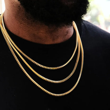 Franco Link Chain - 3mm, Color: Yellow Gold, Width: 3mm, Material: 18k Gold Plating, Size 18" 20" 22" 24" 26", - TONGSHOP