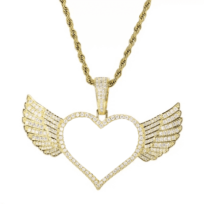 Gold micro-inlaid heart-shaped wings photo pendant - 25mm custom family necklace
