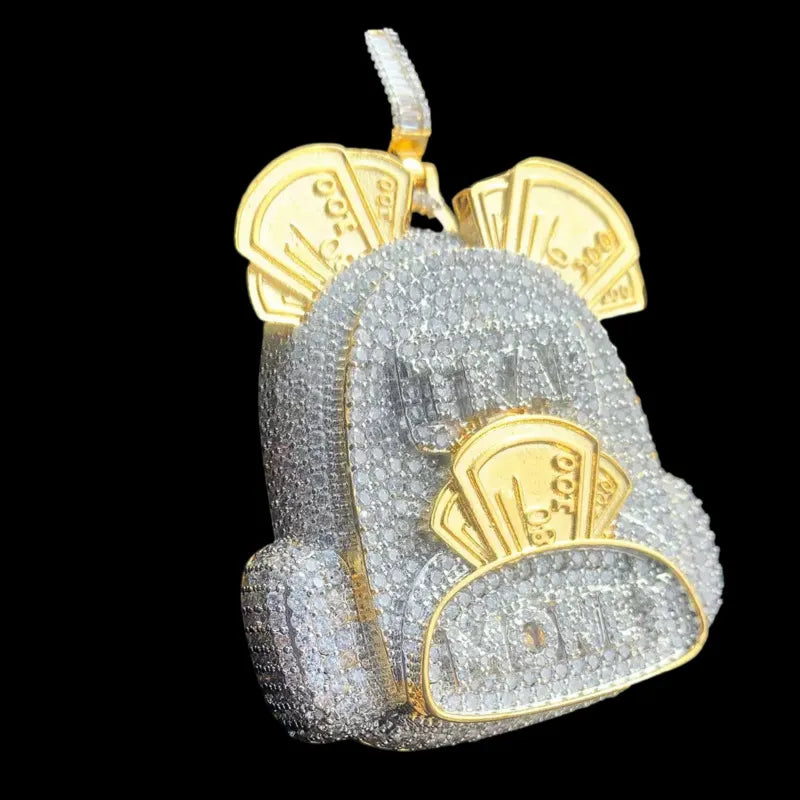 Iced backpack pendant necklace with dollar money motif
