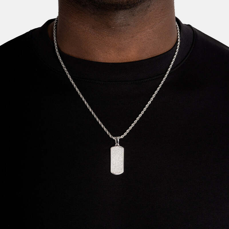 Ice dog tag pendant necklace in white gold worn on chest