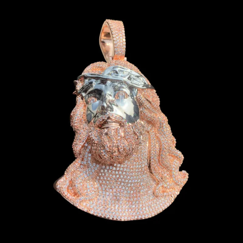 Rose gold iced Jesus pendant necklace with cubic zirconia