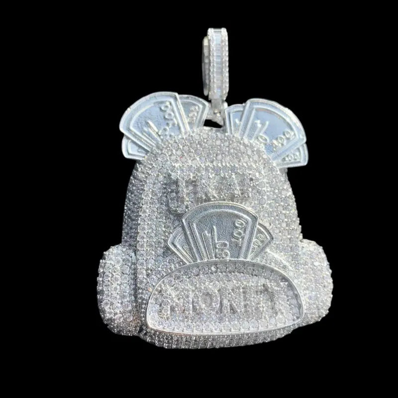 Iced backpack pendant necklace 50mm with CZ stones and money design