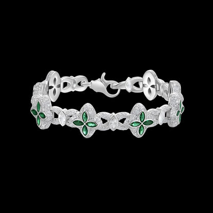 White gold 15mm ice clover bracelet with green diamond details