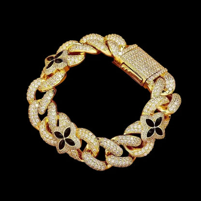 Iced Clover White Gold Black Diamond Bracelet - 20mm