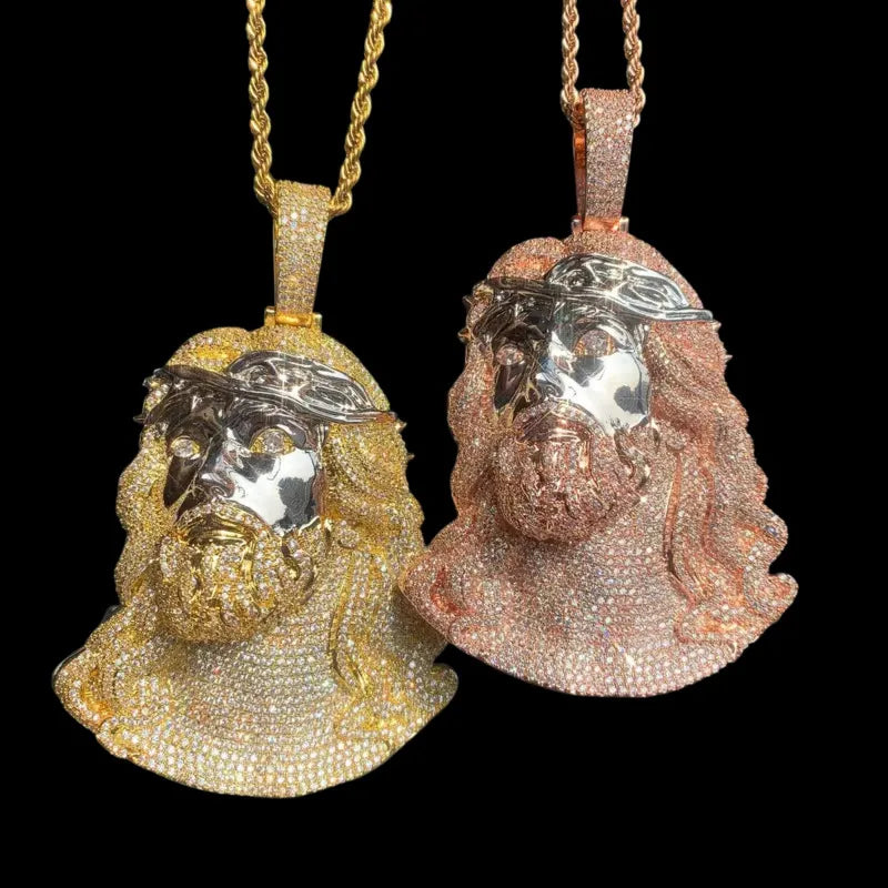 Iced Jesus pendant necklace 65mm with CZ stones in gold and rose gold