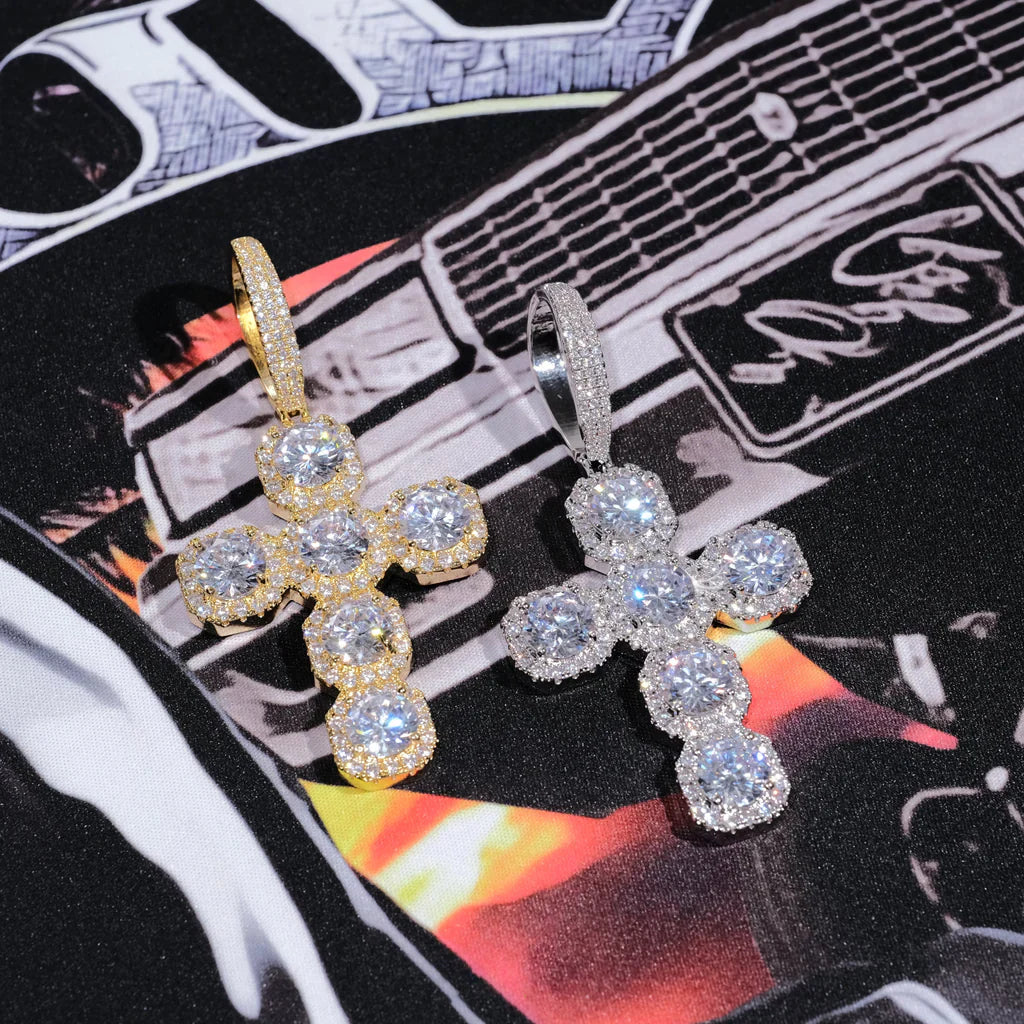 Iced Large Gemstone Cross Necklace in White Gold
