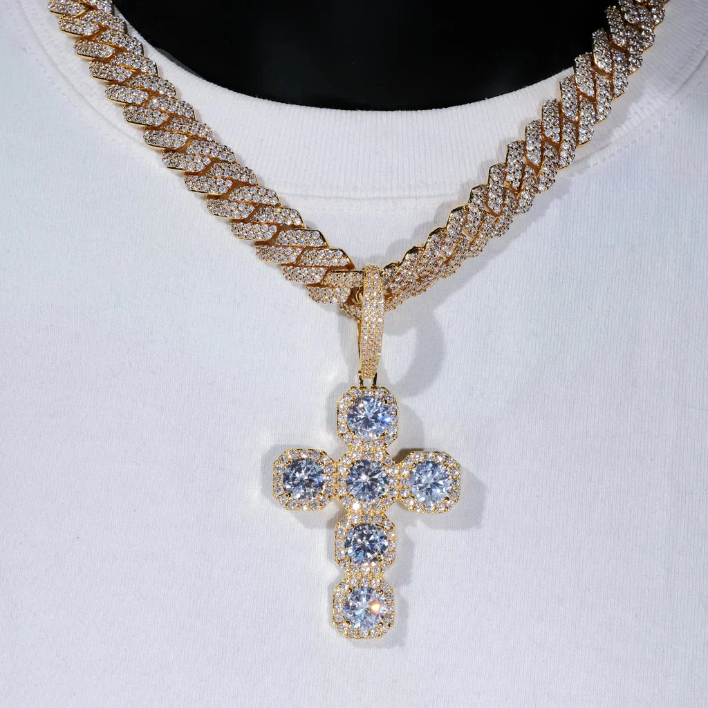 Iced Large Gemstone Cross Necklace in White Gold
