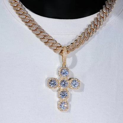 Iced Large Gemstone Cross Necklace in White Gold
