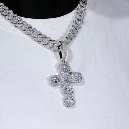 Iced Large Gemstone Cross Necklace in White Gold