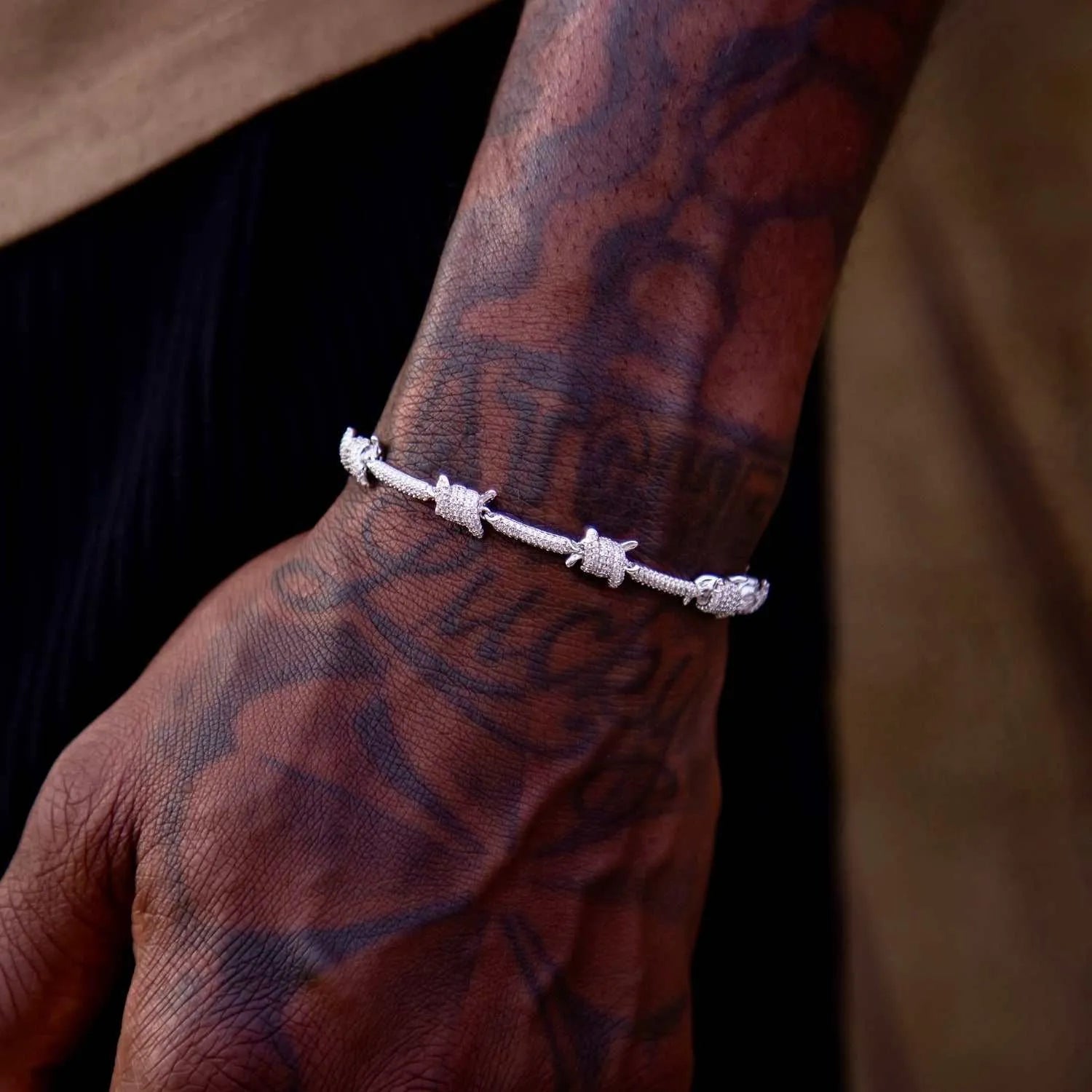 Iced barbed wire bracelet in white gold hip hop jewelry design