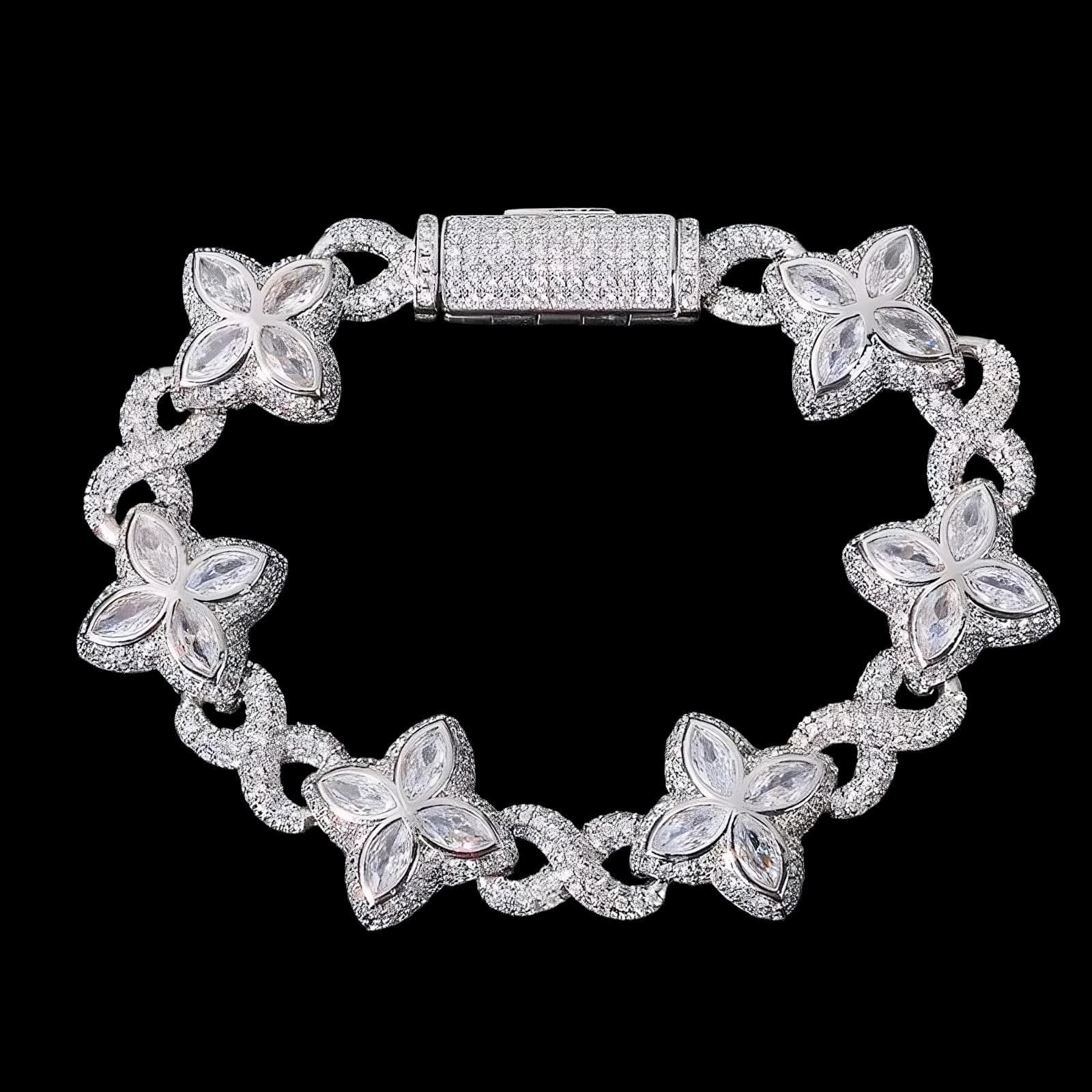 18mm iced clover bracelet in white gold with fully iced butterfly clover links