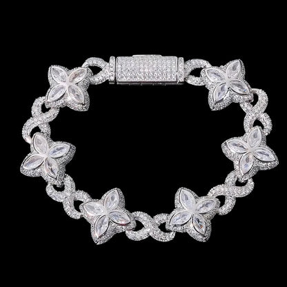 18mm iced clover bracelet in white gold with fully iced butterfly clover links
