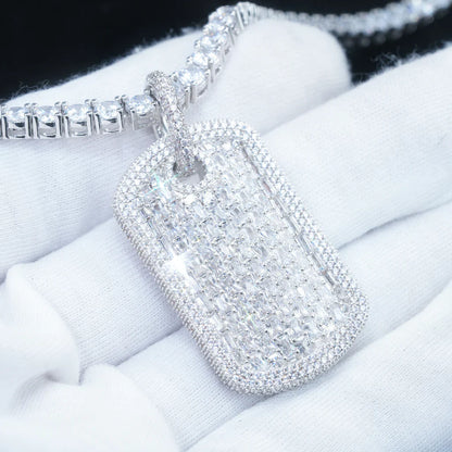White gold iced dog tag pendant close up hip hop necklace customizable engraving 