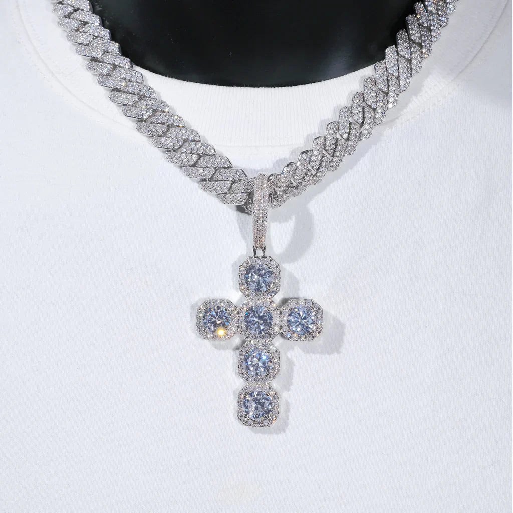 Iced Large Gemstone Cross Necklace in White Gold