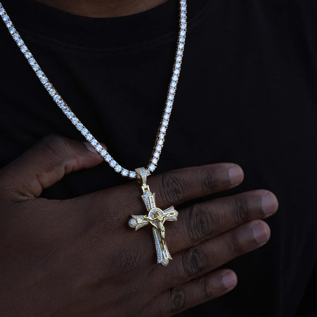 Jesus Crucifix Baguette Cross Necklace In Yellow Gold