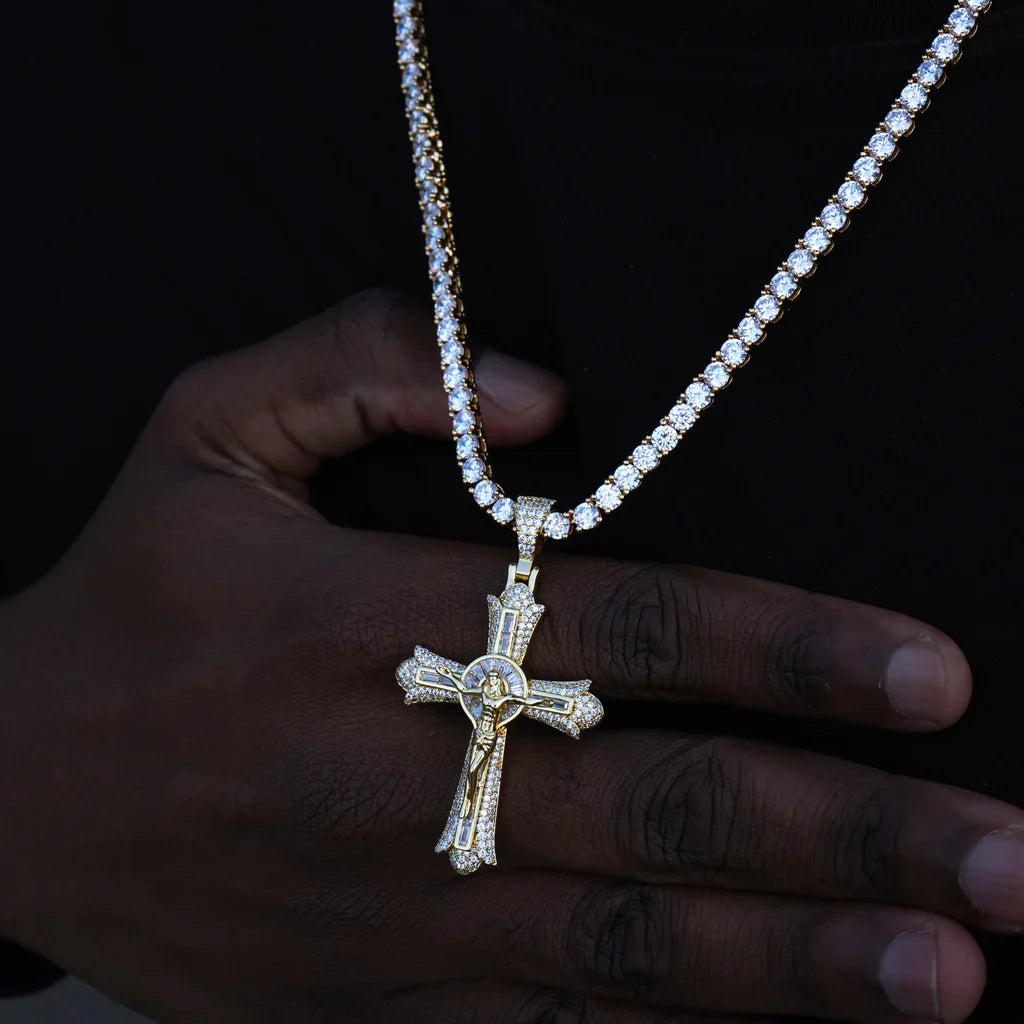 Jesus Crucifix Baguette Cross Necklace In Yellow Gold