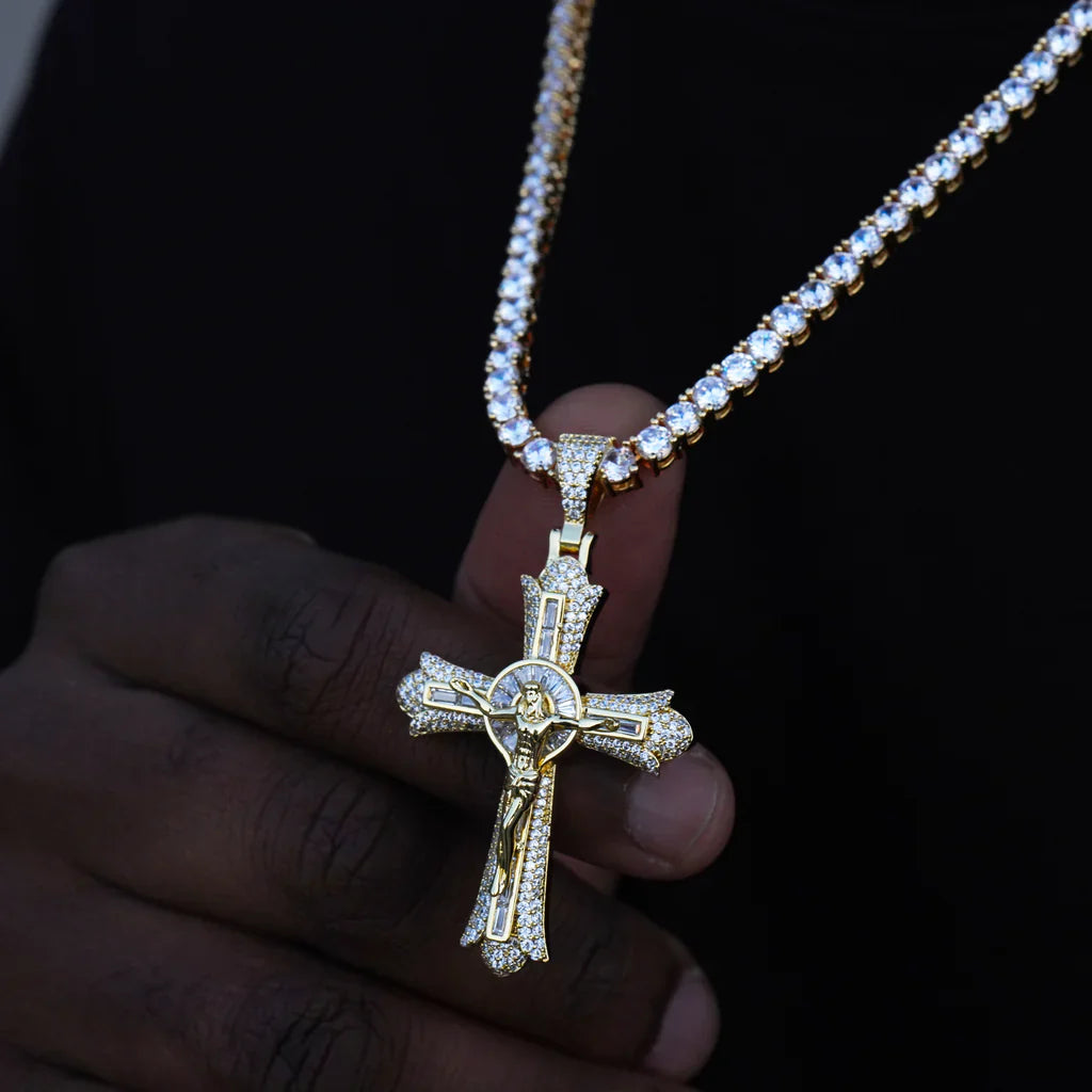 Jesus Crucifix Baguette Cross Necklace In Yellow Gold