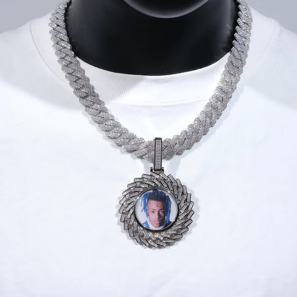 Custom rectangular pendant necklace with photo insert and baguette zirconia stones, hip hop jewelry