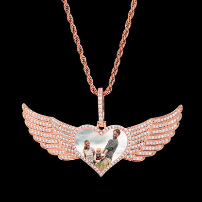 Iced Large Angel Wings Photo Custom Heart Pendant - 80mm